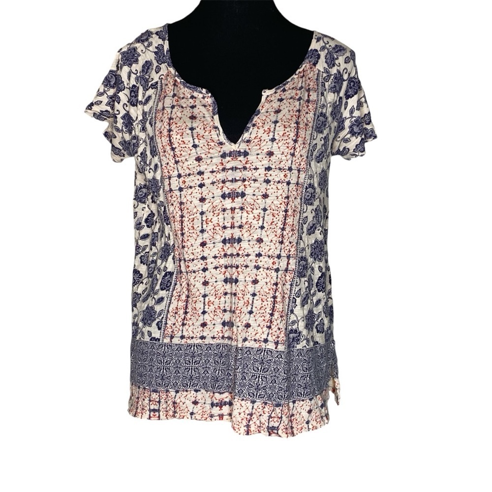 LUCKY BRAND Mix Print Floral Hippie Top Short Sleeve Boho Flowy Loose Sz Small
